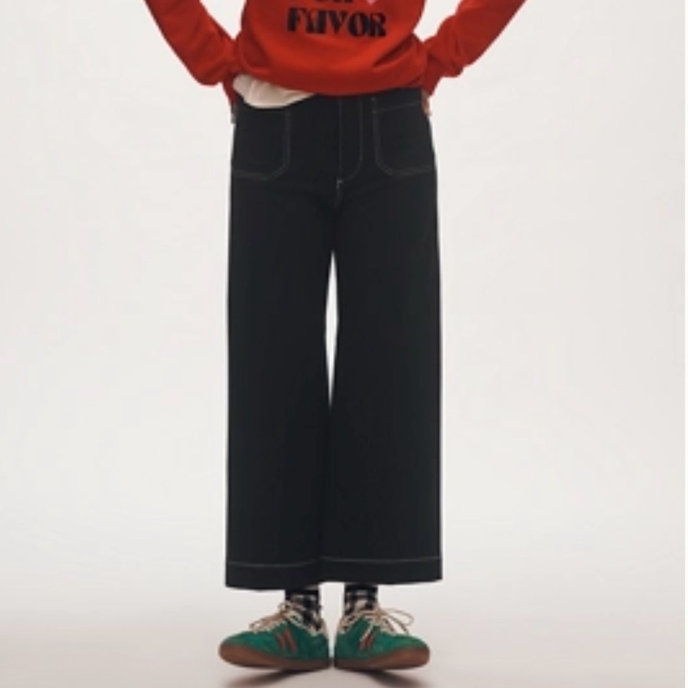 Maeve Colette Cropped Wide-leg  Black Pants with Stitch Detail